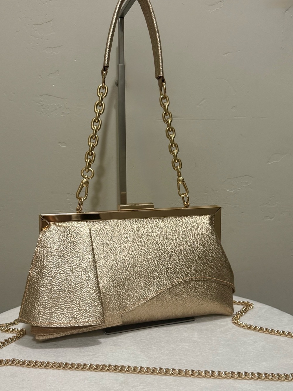 Gold Pebble Leather Handmade Asymmetrical Ruffles Push Lock Frame Bag